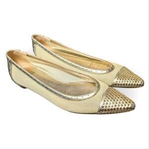 STUART WEITZMAN Women's Gold Leather Studded Cap-toe Mesh Tipper Flats 9.5N